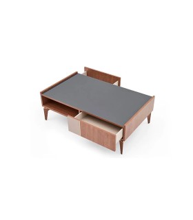 Masuta cafea din pal cu blat de sticla, 2 sertare, Likya, nuc, crem