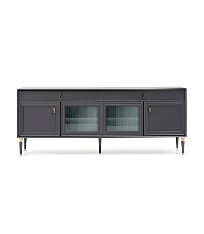 Bufet din pal si MDF, cu 4 usi si 2 sertare, Lorenta, 216x49x85 cm, antracit