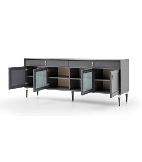 Bufet din pal si MDF, cu 4 usi si 2 sertare, Lorenta, 216x49x85 cm, antracit