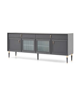 Bufet din pal si MDF, cu 4 usi si 2 sertare, Lorenta, 216x49x85 cm, antracit
