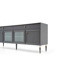 Bufet din pal si MDF, cu 4 usi si 2 sertare, Lorenta, 216x49x85 cm, antracit