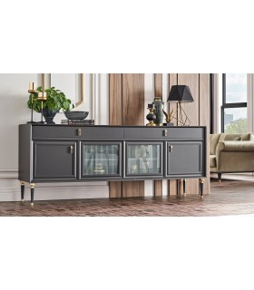 Bufet din pal si MDF, cu 4 usi si 2 sertare, Lorenta, 216x49x85 cm, antracit