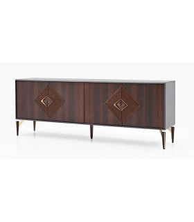 Bufet din pal si MDF, cu 4 usi si sertar interior, Valentin, 225x50x83 cm, nuc, gri