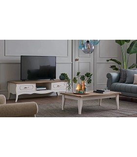 Comoda TV din pal si MDF, Riena, 167x50.8x47.4 cm, alb mat, stejar