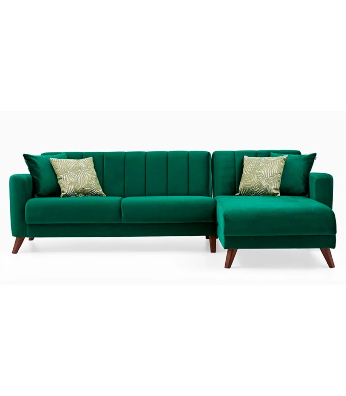 Coltar extensibil cu lada depozitare, tapitat cu catifea, Dreapta - Stanga, Loft, Verde