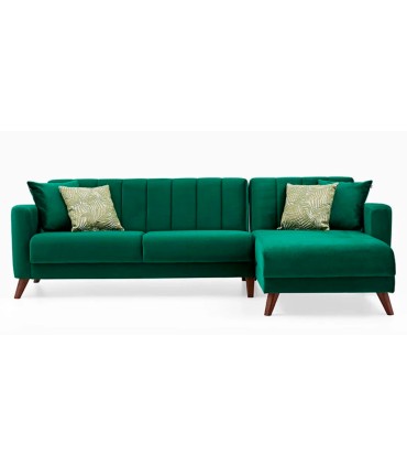 Coltar extensibil cu lada depozitare, tapitat cu catifea, Dreapta - Stanga, Loft, Verde