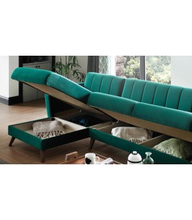 Coltar extensibil cu lada depozitare, tapitat cu catifea, Dreapta - Stanga, Loft, Verde