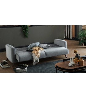 Canapea extensibila cu 3 locuri, tapitata cu catifea, lada depozitare, Loft, gri